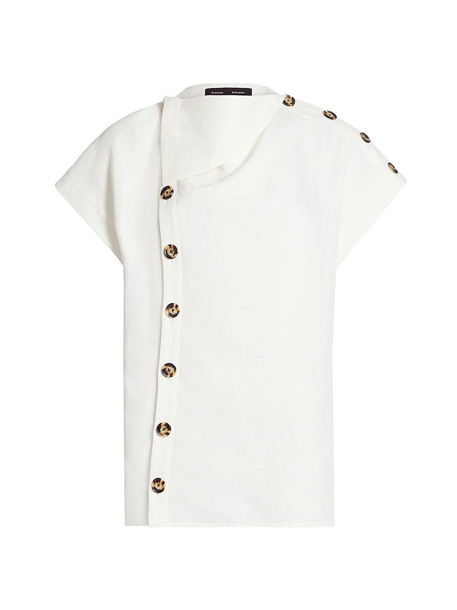 Women's Zion Linen-Blend Foldover Collar Button-Front Top - Off White - Size 8