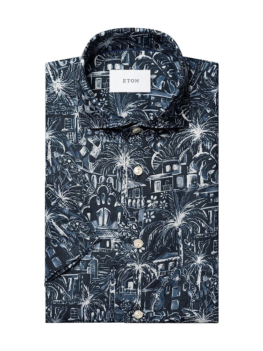 Men's Slim-Fit Garden Linen Shirt - Blue - Size XXL