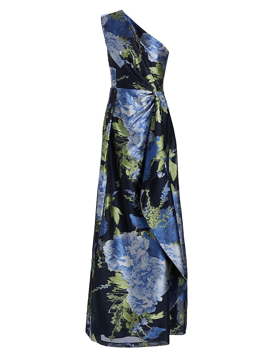 Women's Daisy Floral Jacquard One-Shoulder Gown - Dark Twilight Multi - Size 0