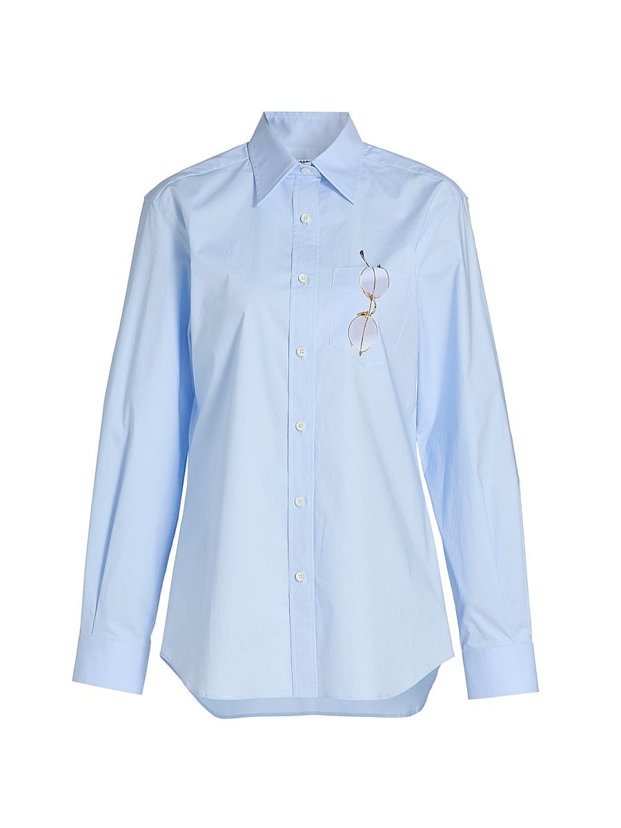 Women's Glasses Print Stretch Cotton Shirt - Multi Light Blue - Size 14