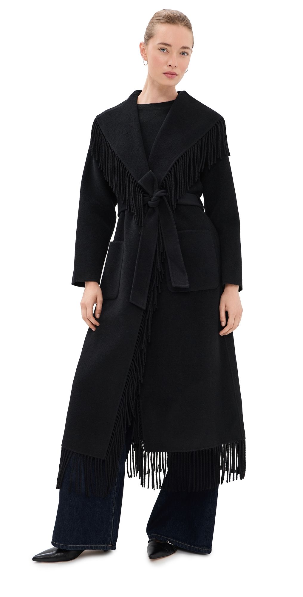 SIMKHAI Carrie Fringe Robe Coat Black XL