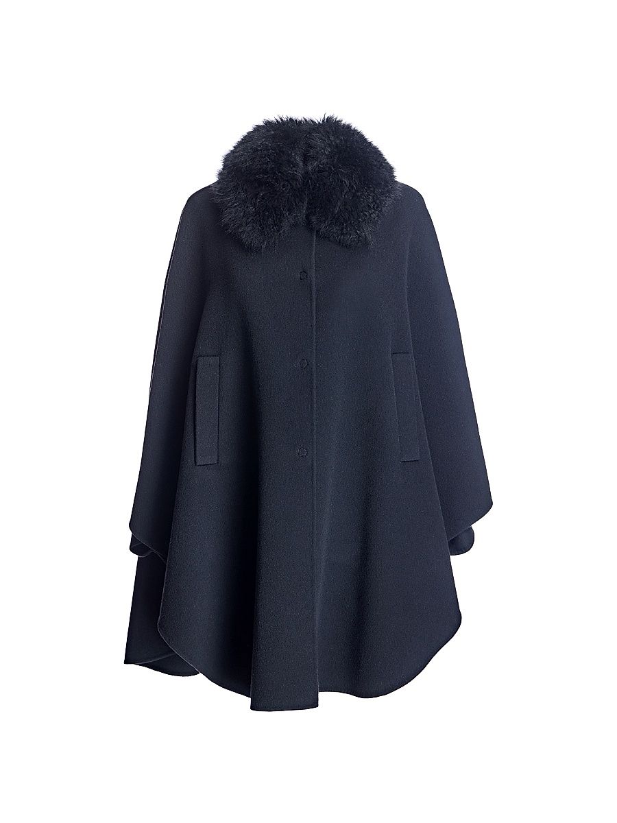 Women's Loro Piana Cashmere Cape with Detachable Shearling Collar - Black - Size Large