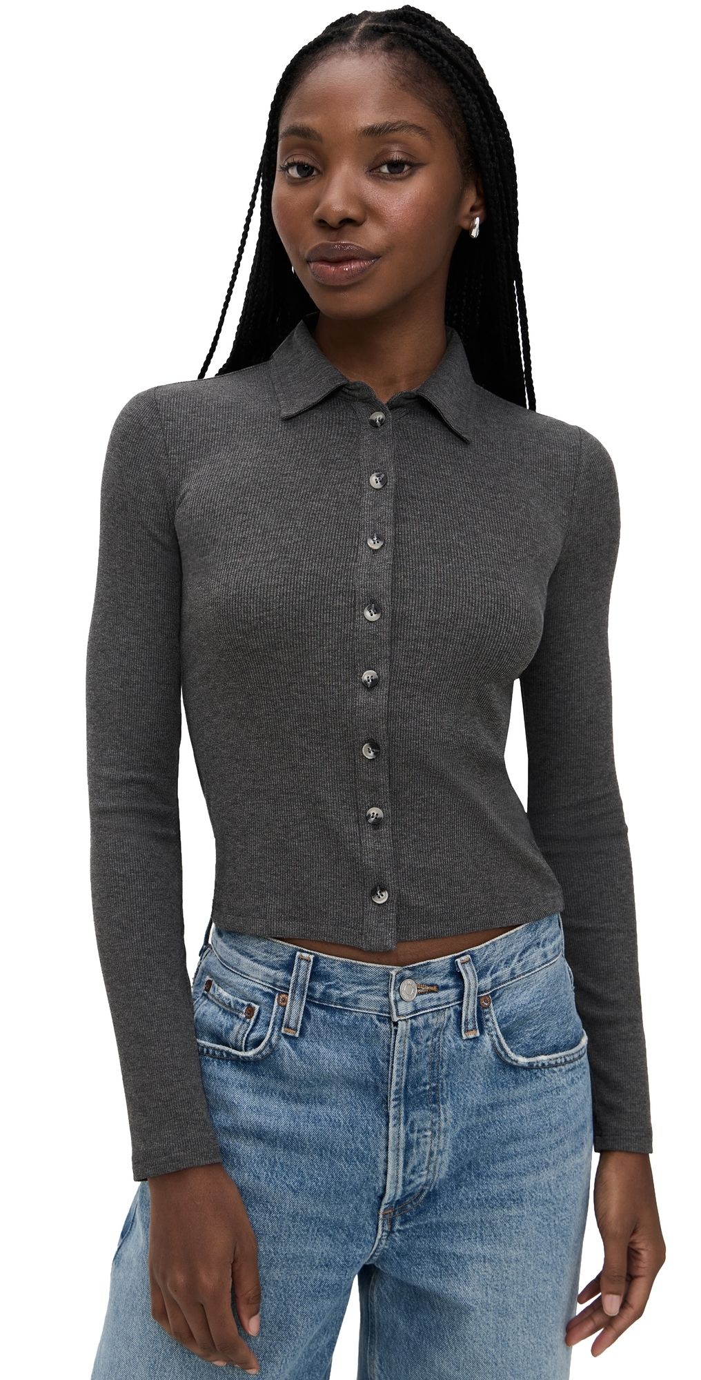 perfectwhitetee Luxe Rib Long Sleeve Button Polo Charcoal L
