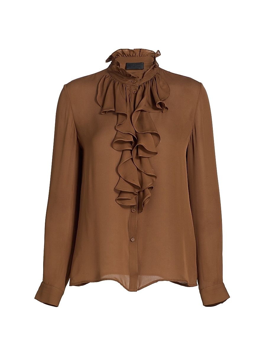 Women's Lily Ruffle-Embellished Silk Blouse - Cognac - Size XL