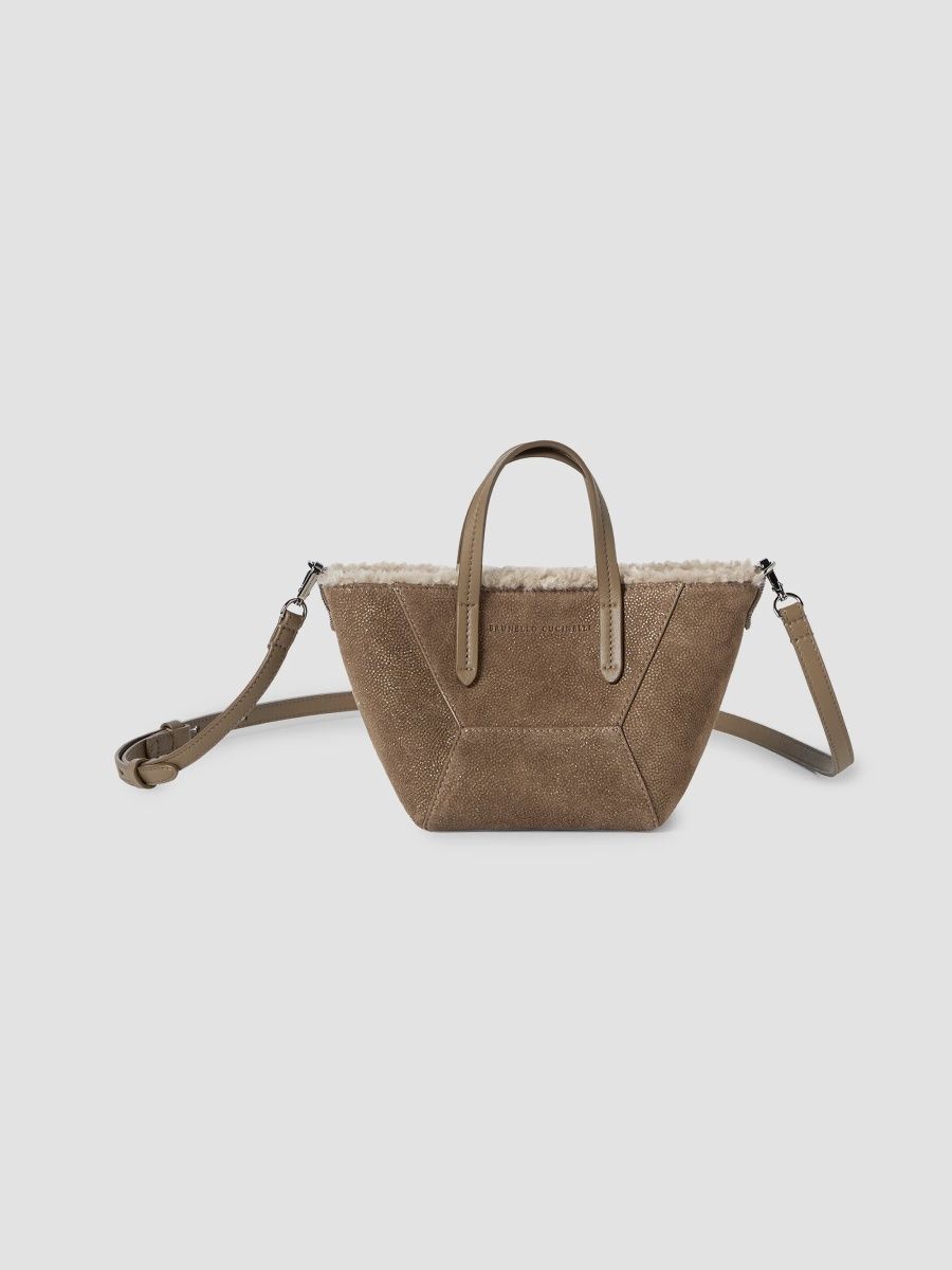 Brunello Cucinelli Women's Duo Mini Top Handle Bag in Sparkling Textured Leather - Bark