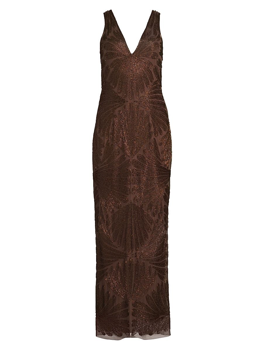 Women's Butterfly Beaded Column Gown - Espresso - Size 14
