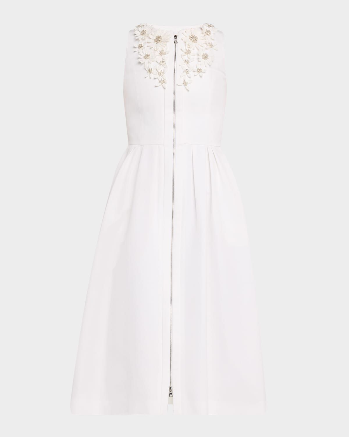 Zip-Front Embroidered Fit-&-Flare Midi Dress