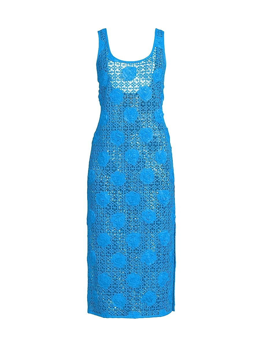 Women's 3D Floral Crochet Cover-Up Dress - Blue - Size Large
