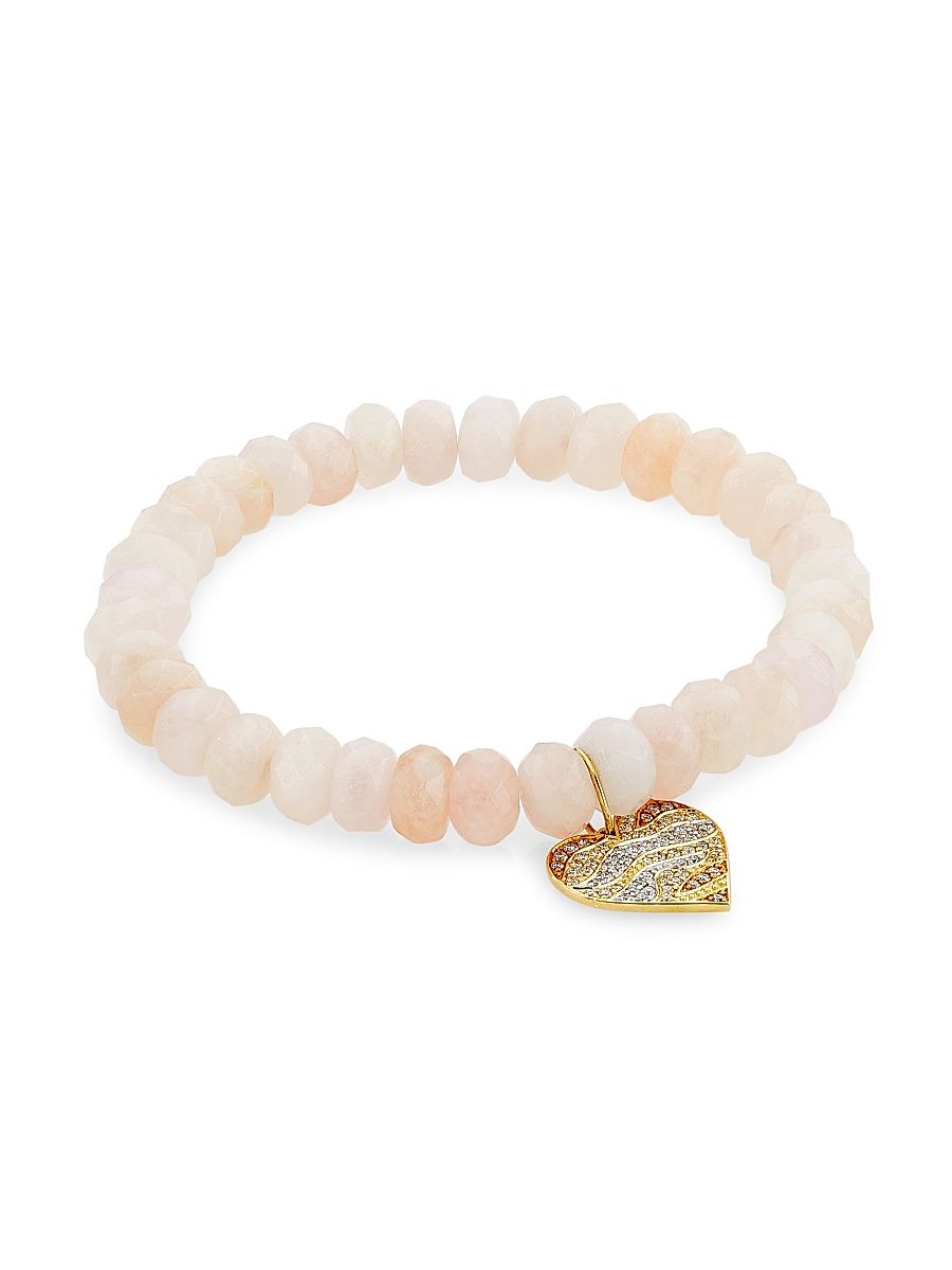 Women's 14K Yellow Gold, Mystic Pink Moonstone & 9 TCW Diamond Beaded Stretch Bracelet - Pink