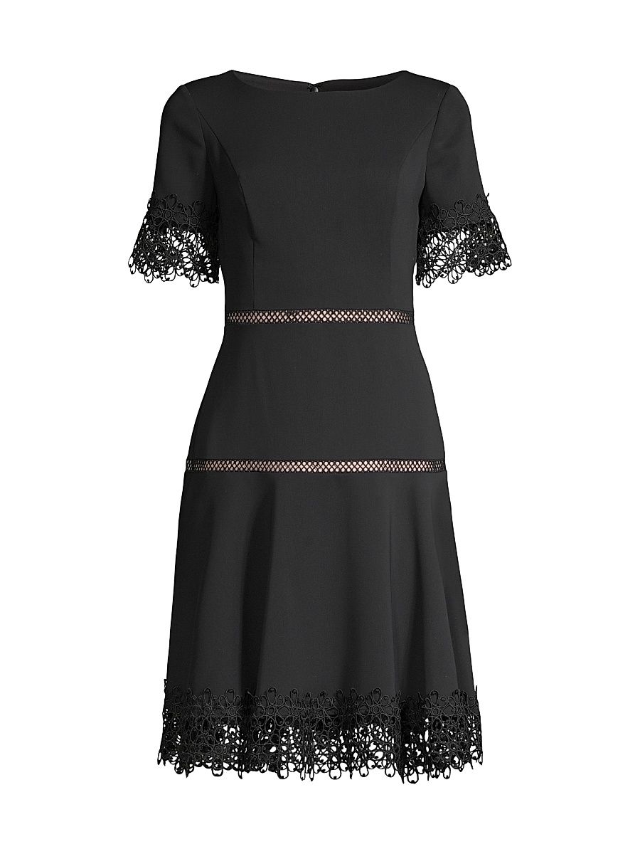 Women's Lace-Trimmed Crepe Dress - Black - Size 14