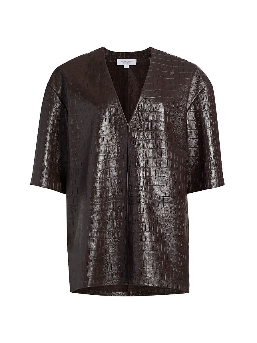 Women's Croc-Embossed Leather Top - Chocolate - Size Medium