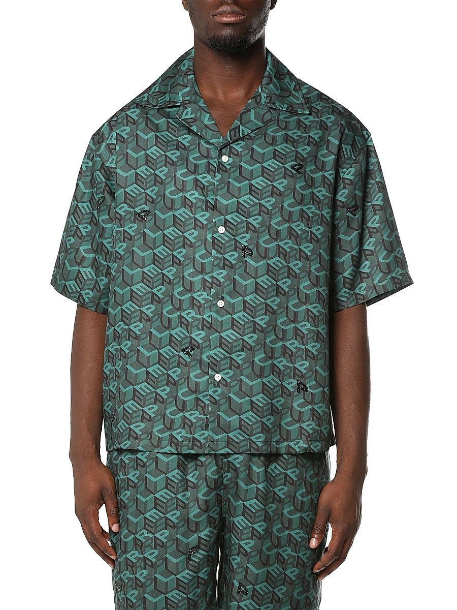 Men's Embellished Logo Camp Shirt - Green - Size XXL