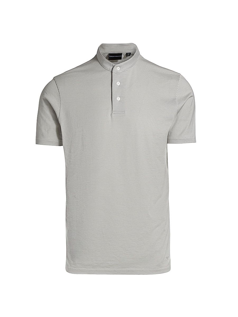 Men's Nehru Striped Cotton Jersey Band-Collar Polo Shirt - Grey And White - Size Large