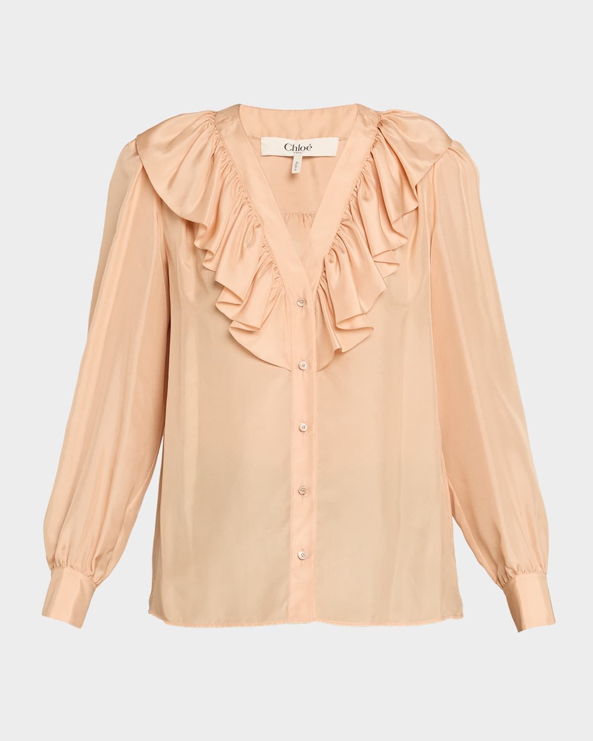 Ruffled V-Neck Silk Blouse