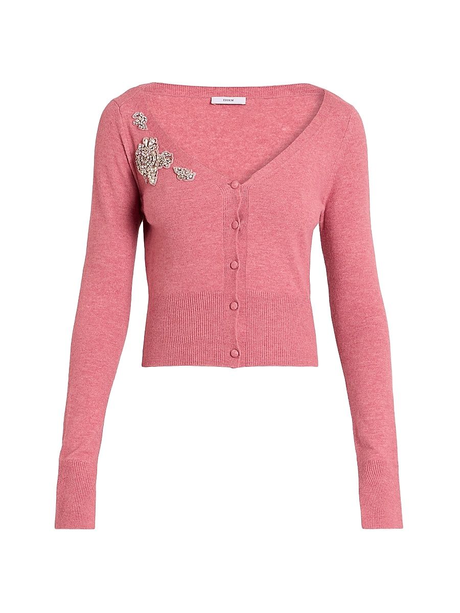 Women's Embellished Cropped Knit Cardigan - Rose Pink - Size Large