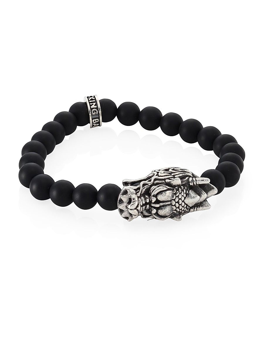 Men's Sterling Silver Dragon's Head Lava Rock Bead Stretch Bracelet - Black