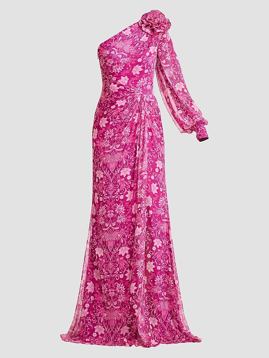 Women's Bosson One-Shoulder Floral Chiffon Gown - Magenta Multi - Size 0