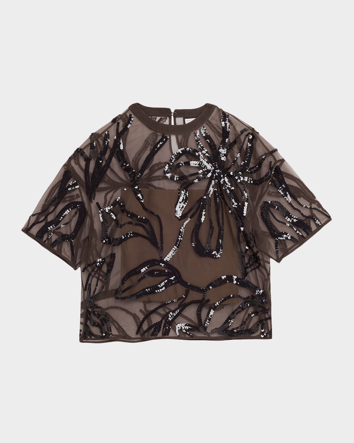 Sequined Floral Crispy Silk Chiffon Short-Sleeve Blouse