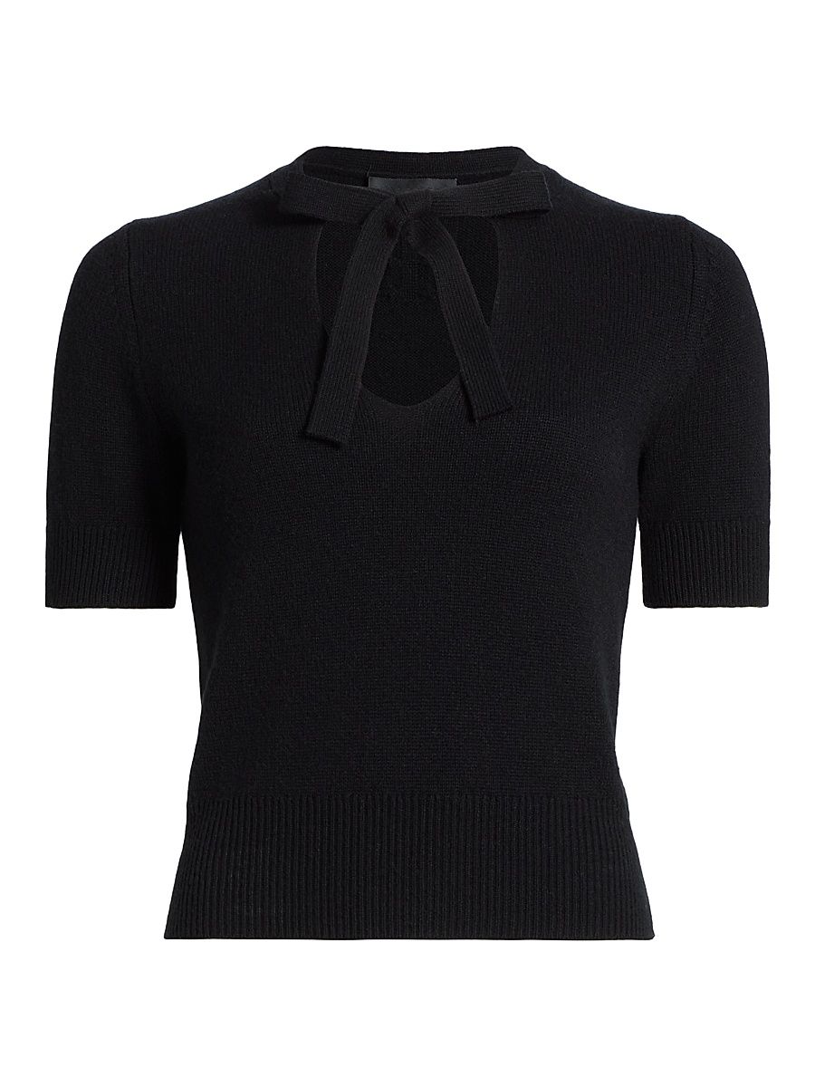 Women's Connie Cashmere Tie-Neck Short-Sleeve Sweater - Black - Size Small