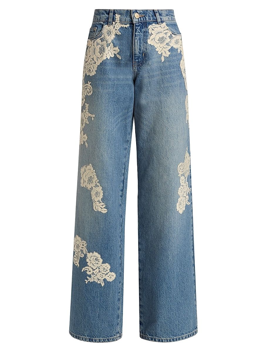Women's Bambie Lace-Appliqué Wide-Leg Jeans - Faded Blue - Size 32