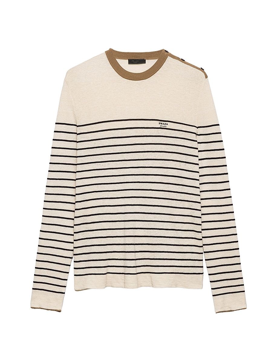 Men's Striped Linen and Cotton Sweater - Beige Khaki - Size 56