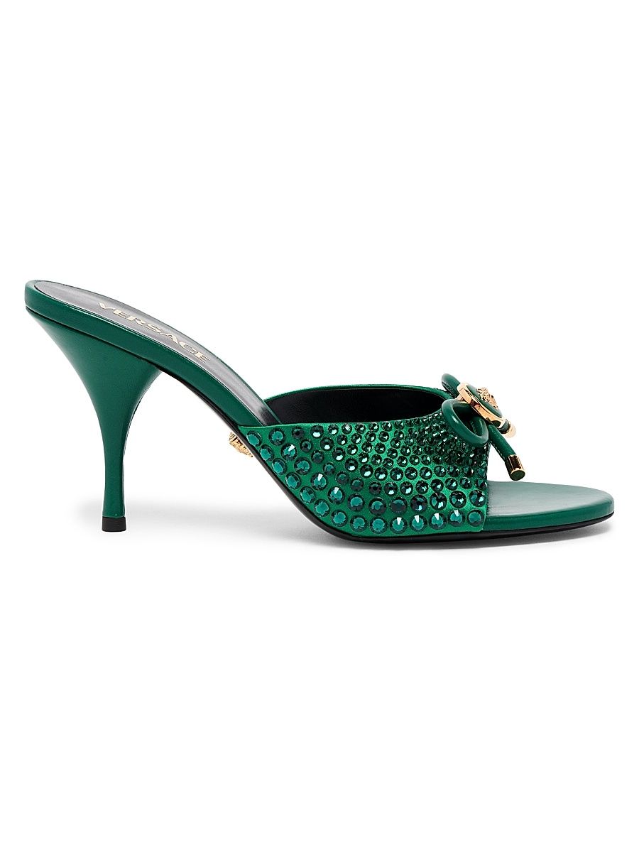 Women's Opera Bow 85MM Embellished Leather Mules - Emerald Versace Gold - Size 5