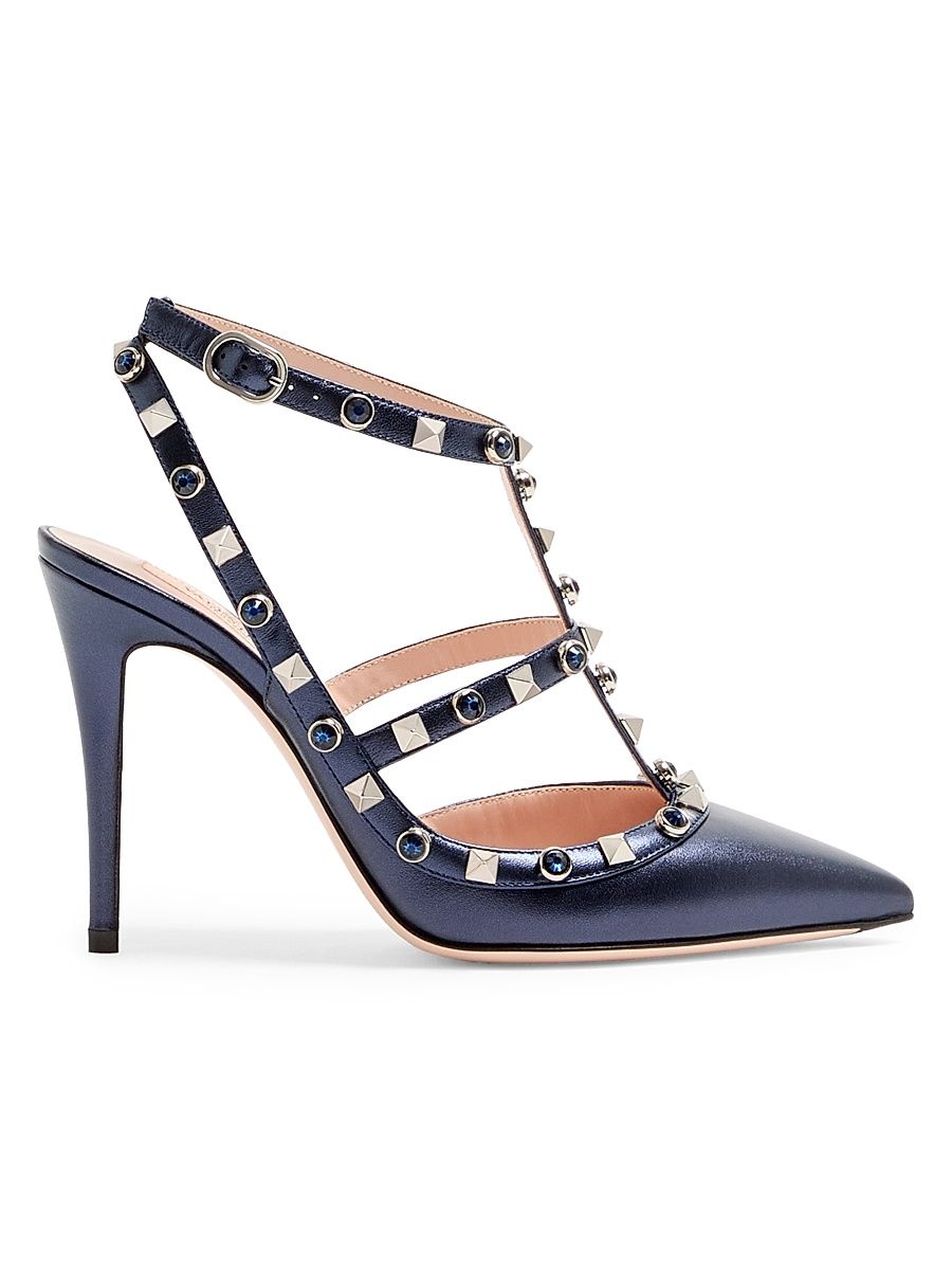 Women's Rockstud Pumps 100MM in Laminated Nappa with Cabochon - Navy - Size 10.5
