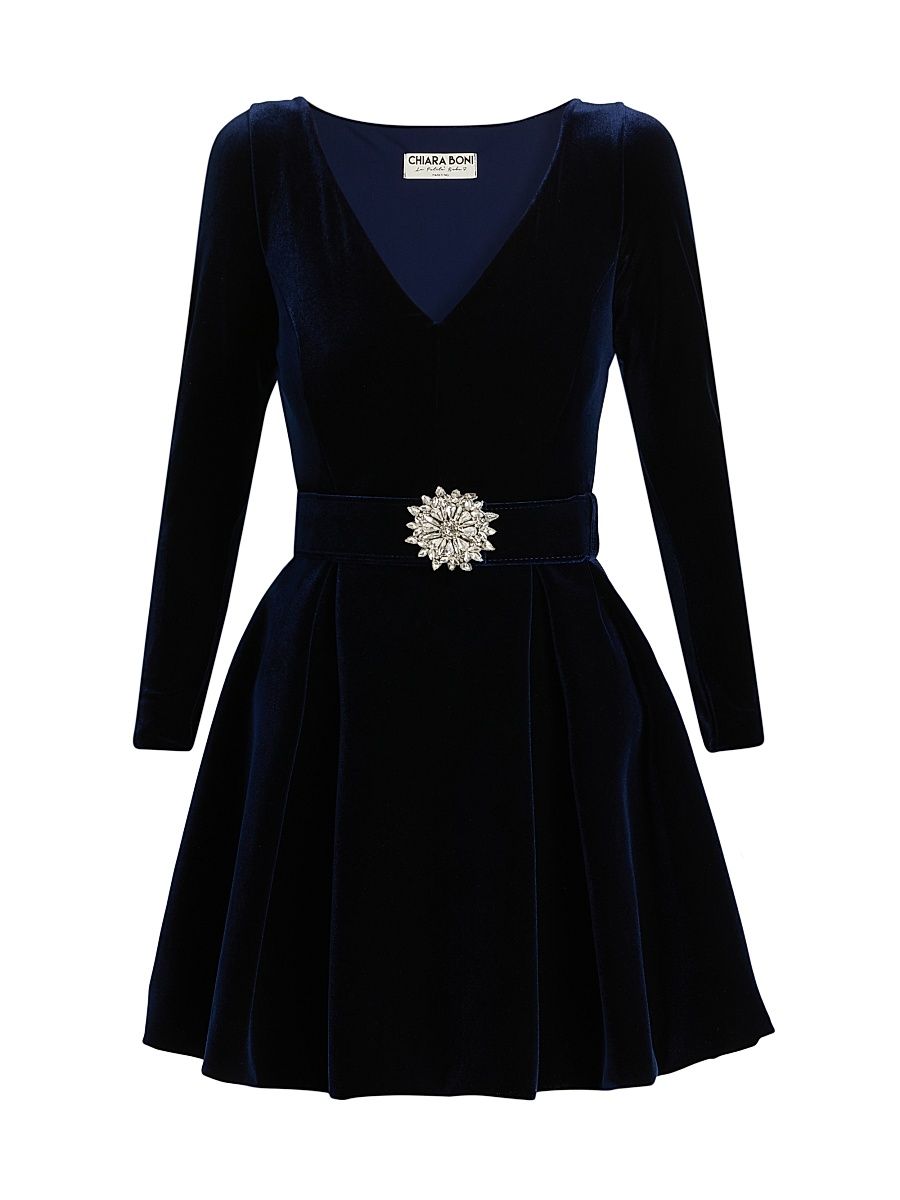Women's Embellished Velvet Belted Cocktail Minidress - Blue Notte Black - Size 8