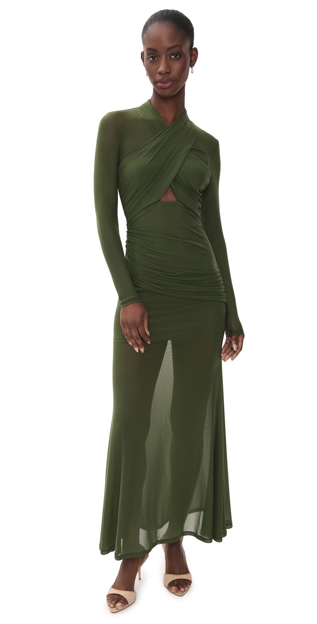 BARDOT Veria Wrap Mesh Maxi Dress Khaki 8
