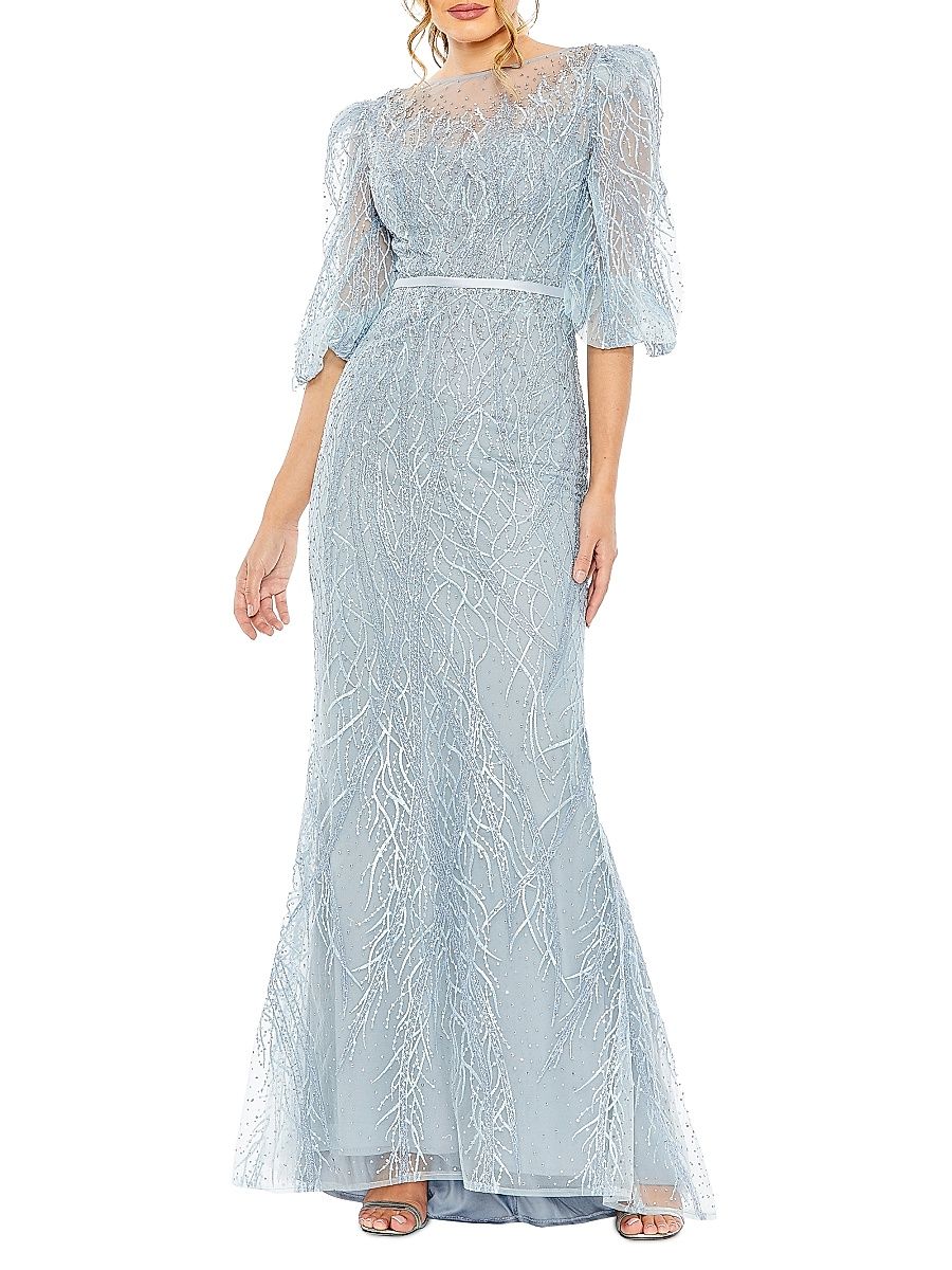 Women's Evening Tulle Puff-Sleeve Gown - Ice Blue - Size 18