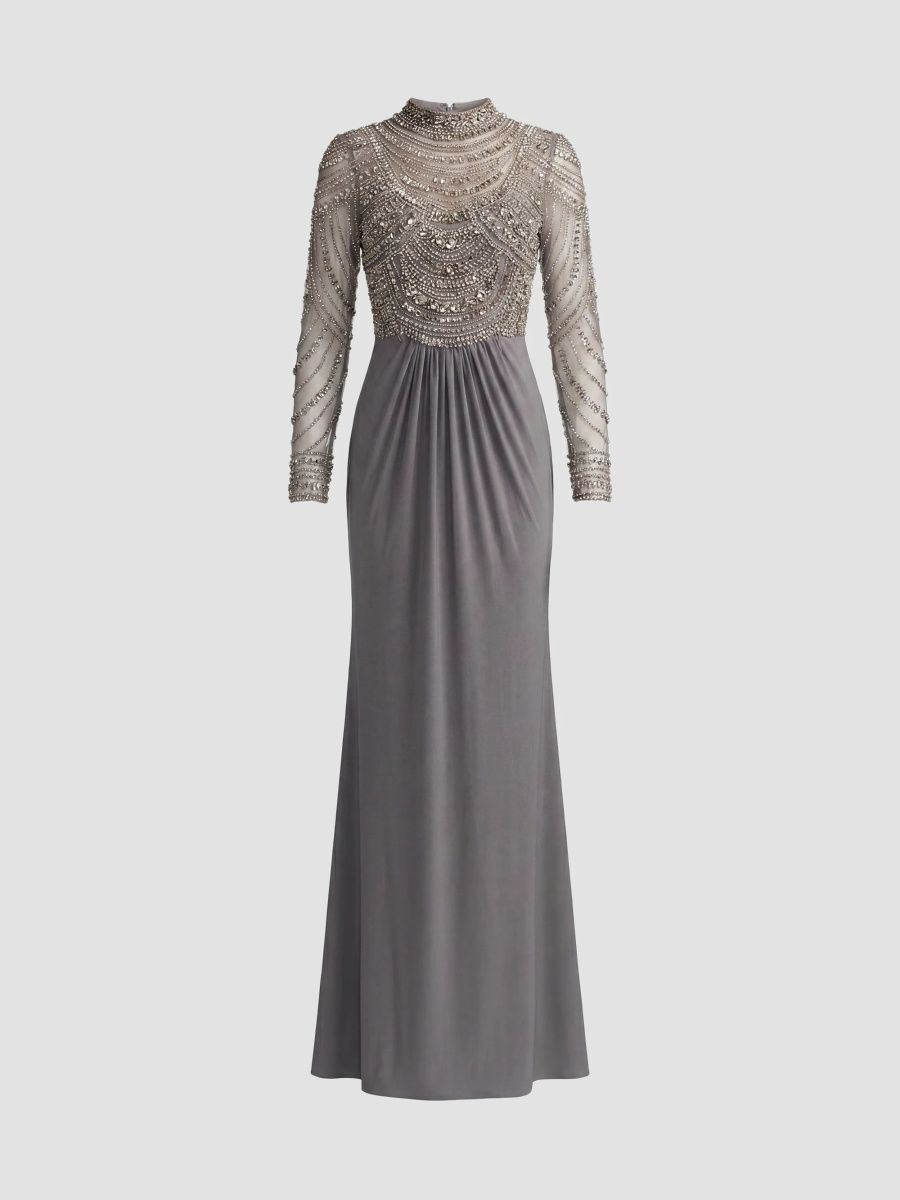 Mac Duggal Women's Beaded Jersey Long-Sleeve Gown - Platinum - Size 18