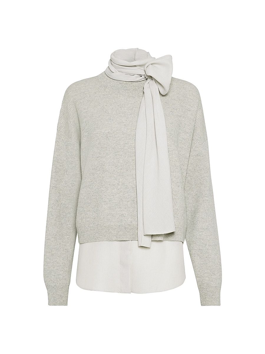 Women's Cashmere English Rib Sweater with Detachable Pussybow Blouse - Grey - Size XXL