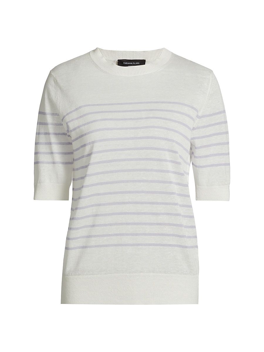 Women's Striped Linen-Cotton T-Shirt - Bianco Malva - Size 0