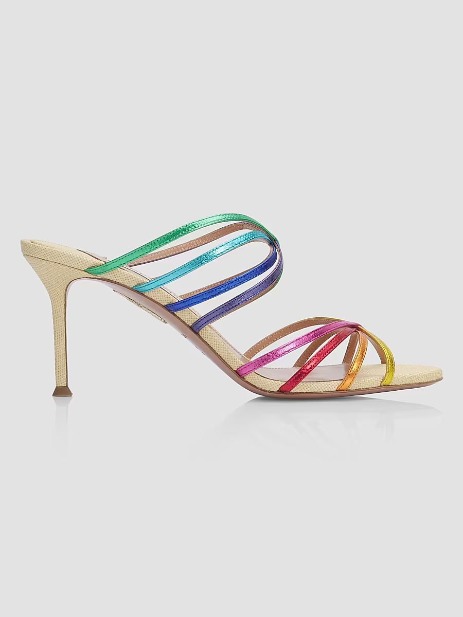 Women's Tell Me 75MM Rainbow Leather and Raffia Mule Sandals - Gold Multi - Size 11