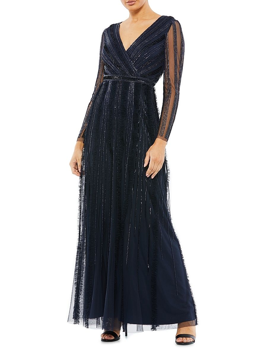 Women's Sequined & Beaded A-Line Gown - Midnight - Size 14