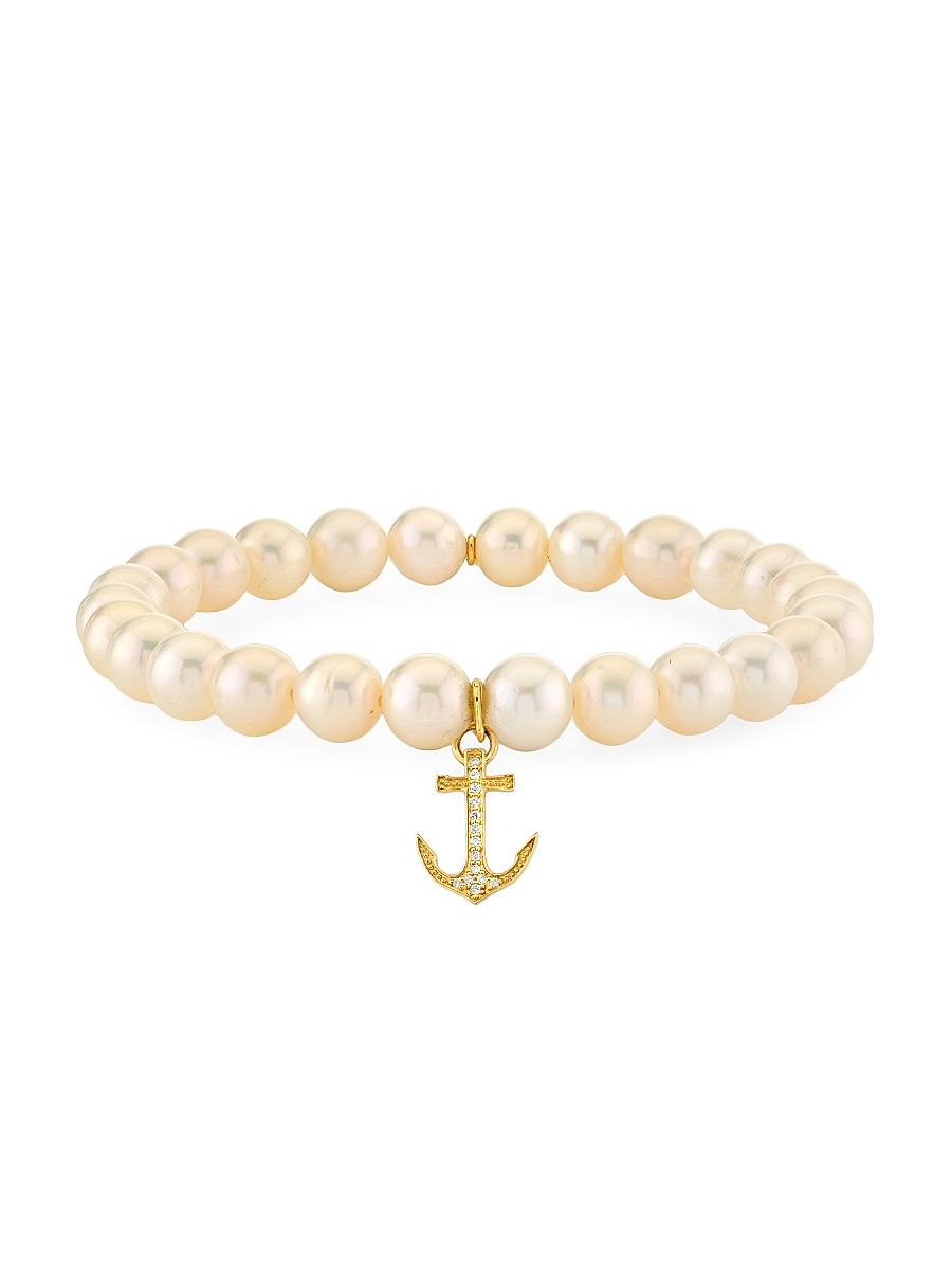 Women's Overboard 14K Yellow Gold, Freshwater Pearl & 0.06 TCW Diamond Stretch Bracelet - Fresh Water Pearl