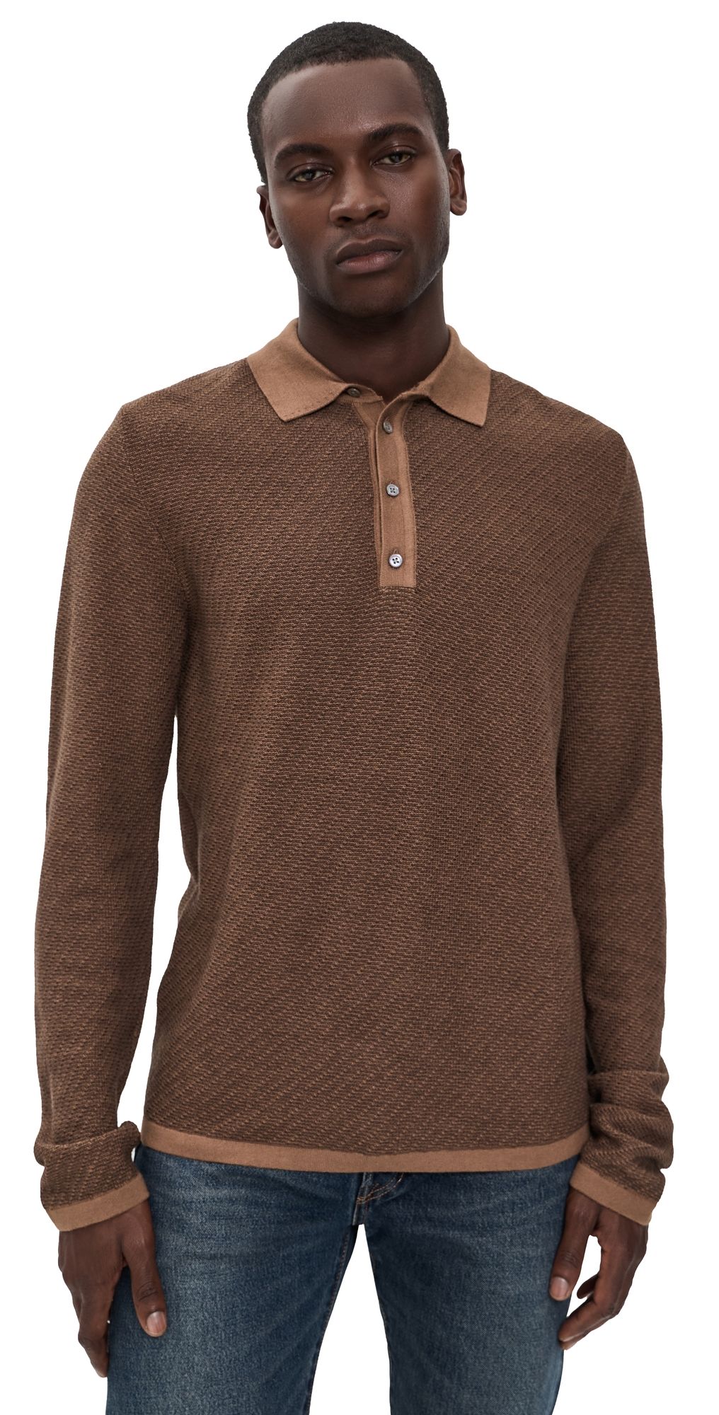 Billy Reid Long Sleeve Step Jacquard Sweater Polo Brown Multi XXL