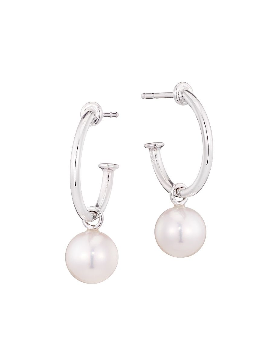 Women's 7MM White Round Akoya Pearl 18K White Gold Hoop Earrings - White Gold