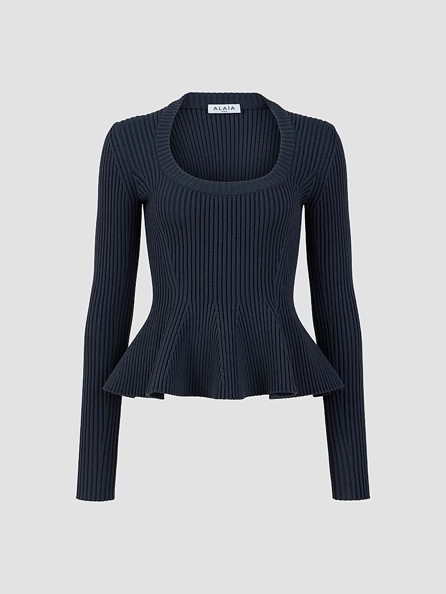 ALAÏA Women's Rib-Knit Peplum Top - Gris Bleu - Size 8