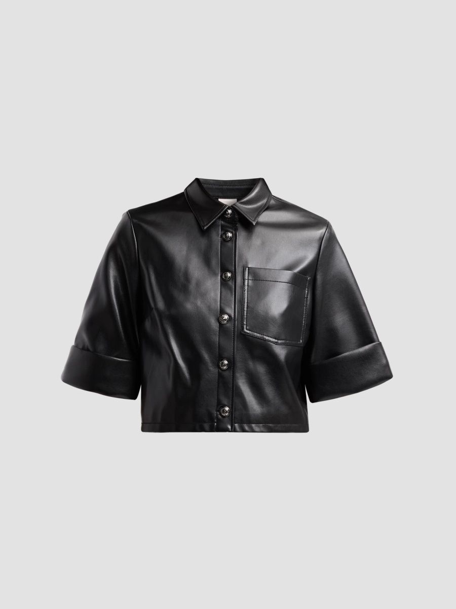Women's Aiden Faux-Leather Crop Shirt - Black - Size XL