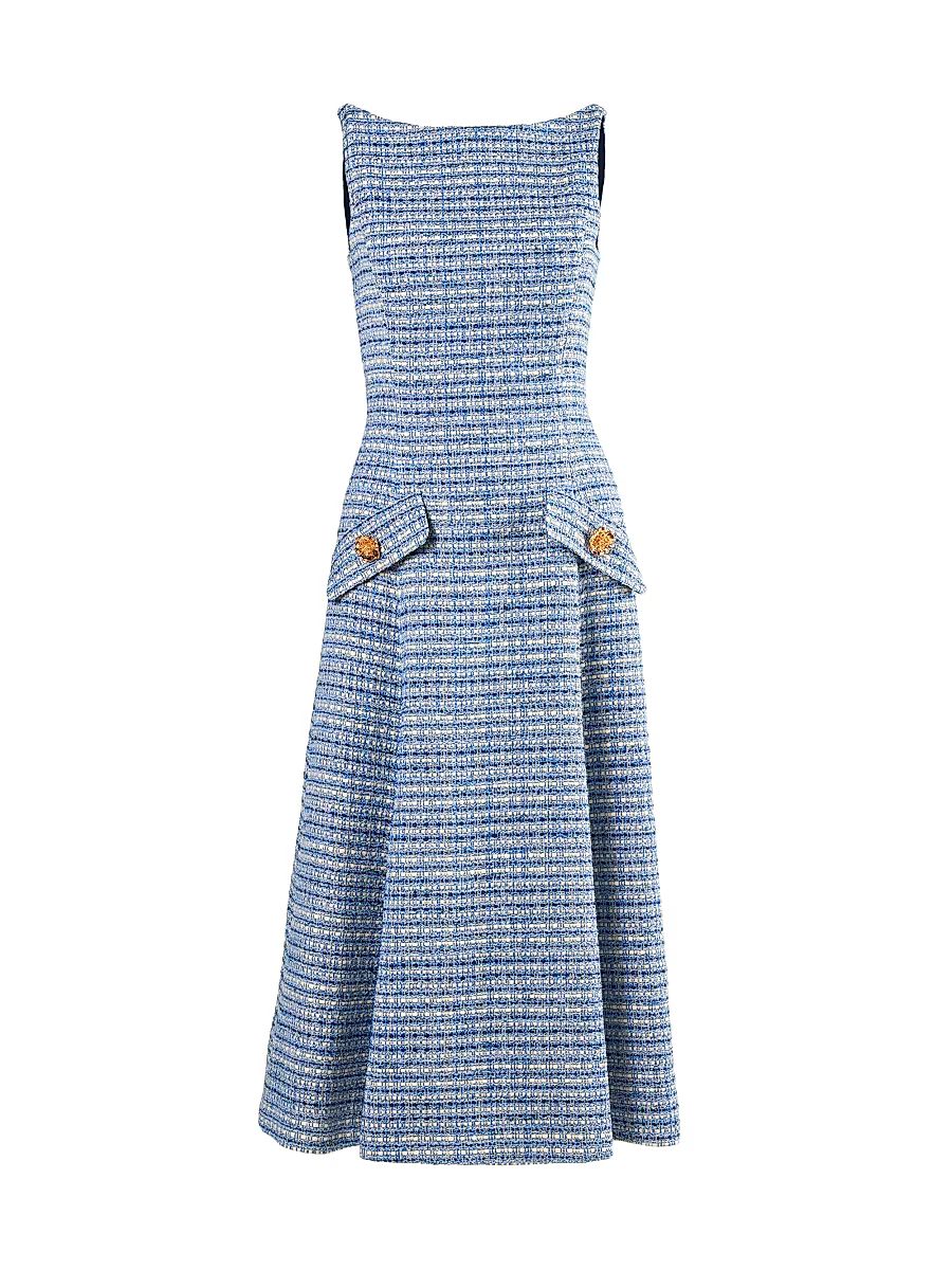Women's Tweed Sleeveless Midi-Dress - Blue Multi - Size 16