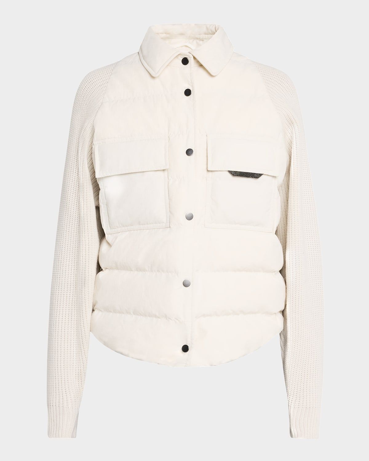Knit-Sleeve Techno Crinkled Cotton Padded Jacket