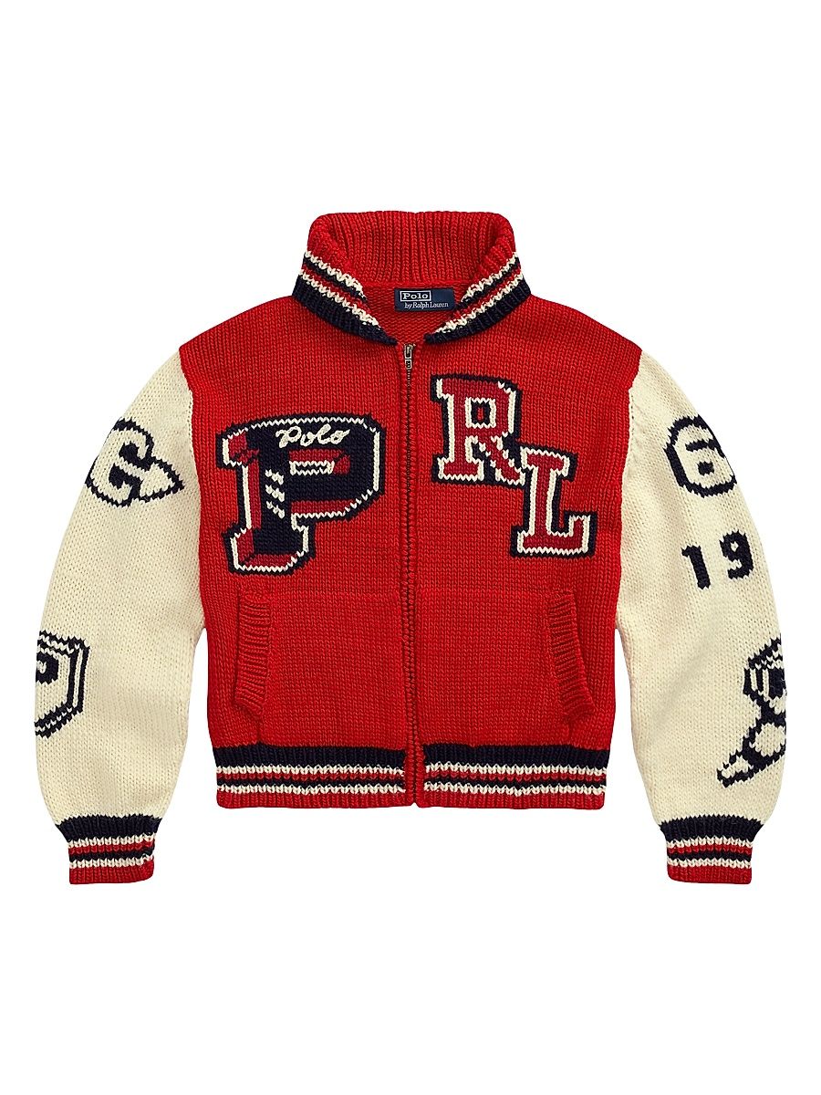 Women's Letterman Wool-Blend Zip-Front Sweater - Red Multi - Size Small