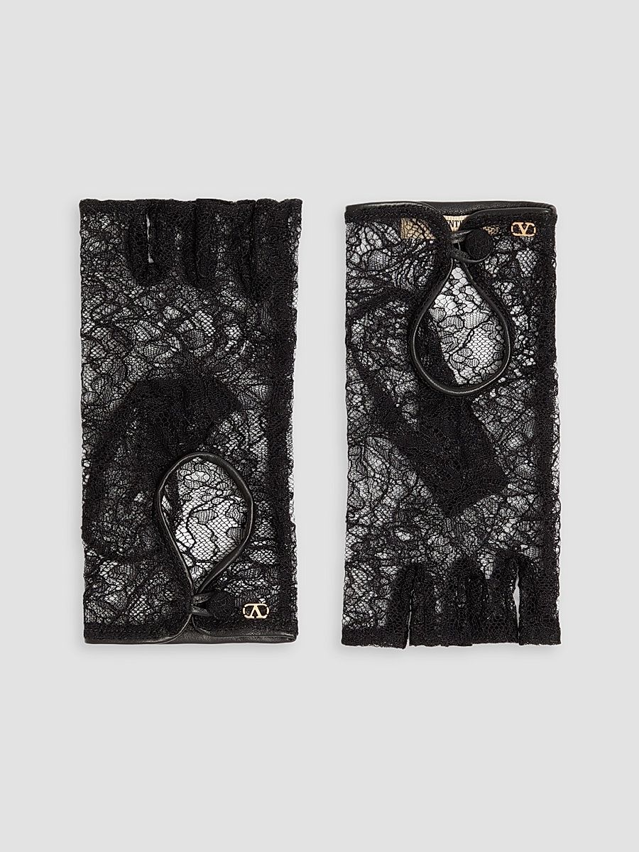 Women's VLogo Signature Biker Gloves in Lace and Leather - Black - Size 8