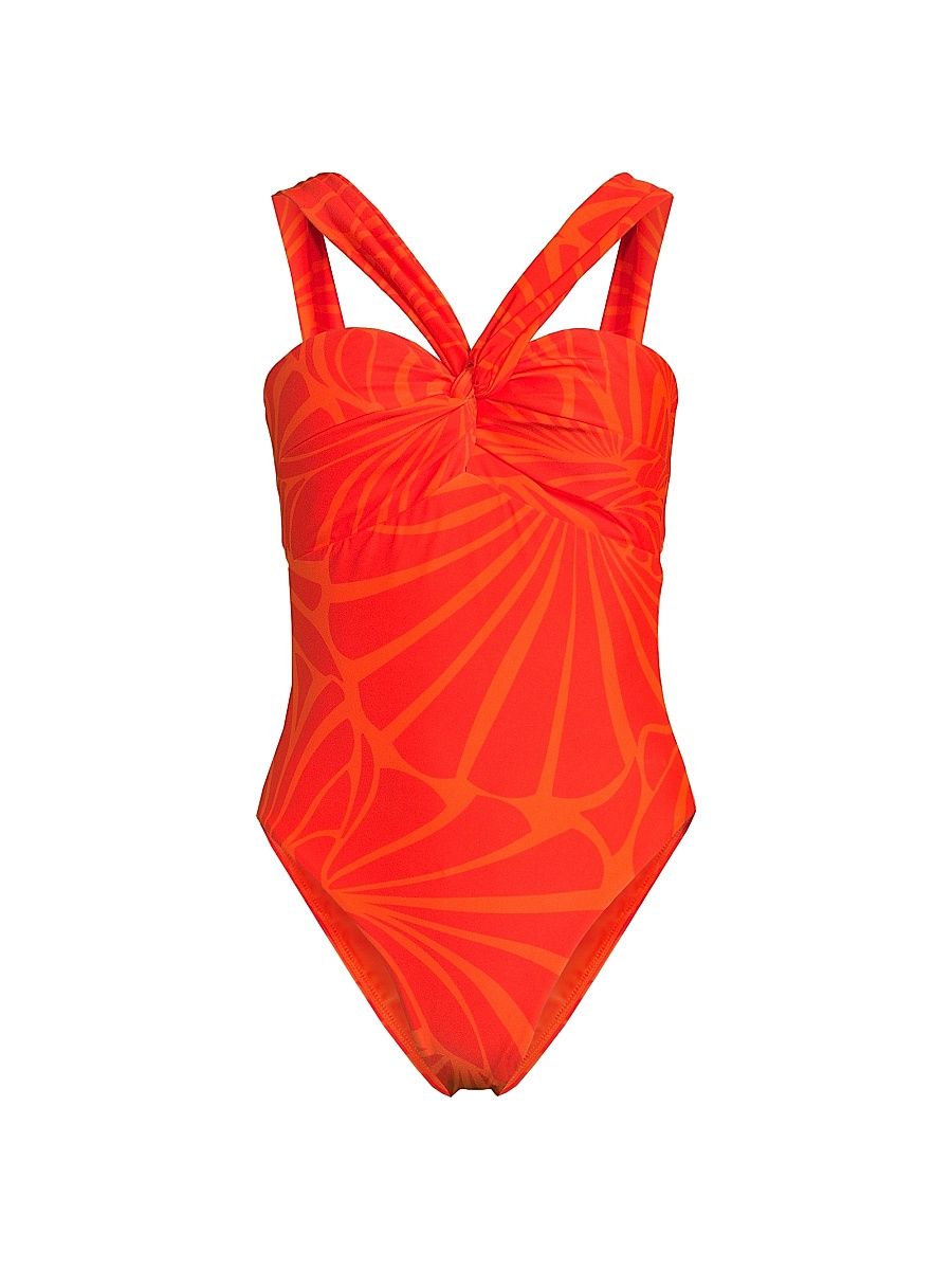 Women's Betsy Abstract Kai Print Bandeau One-Piece Swimsuit - Orange Multi - Size Large