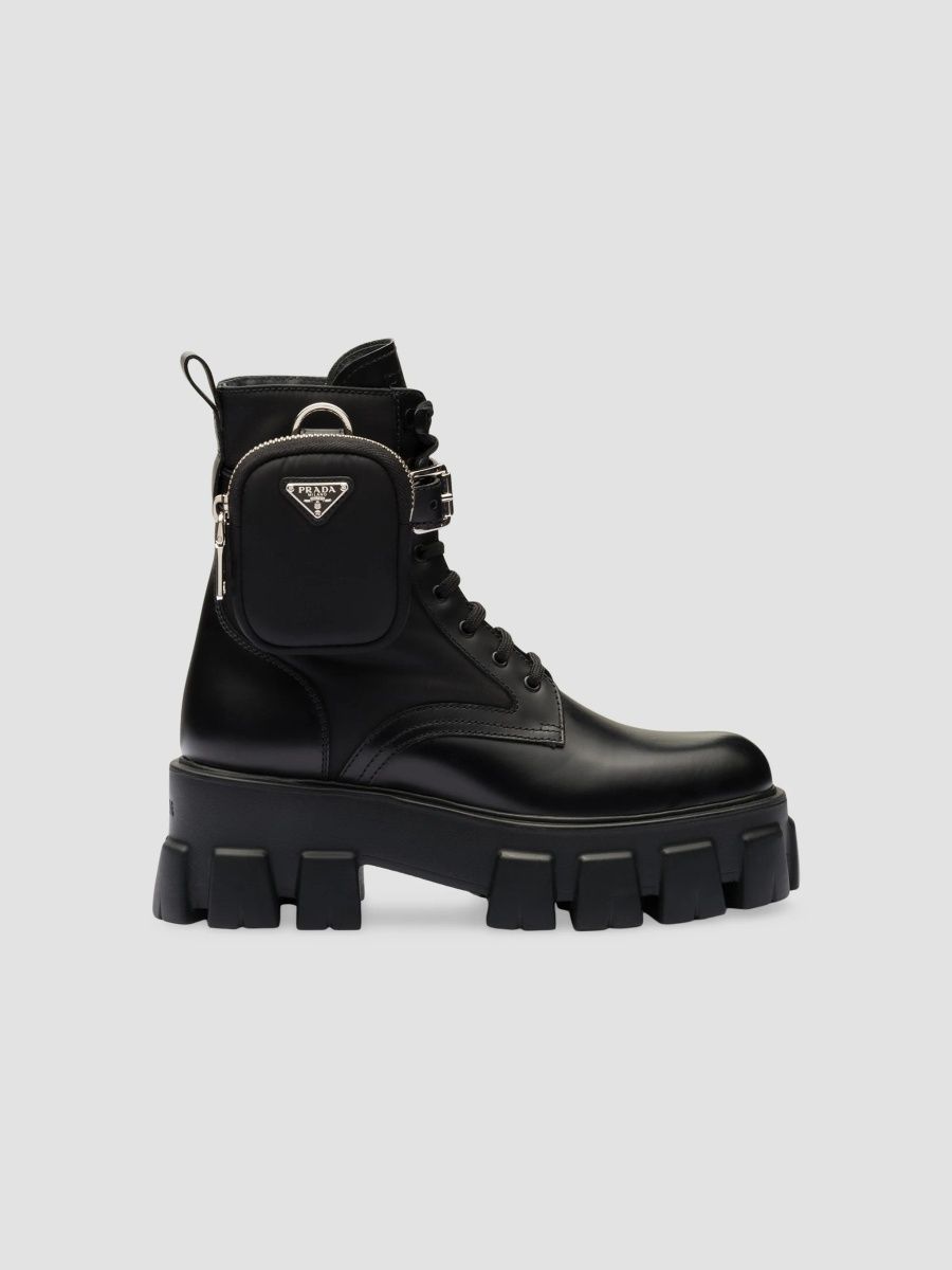 Prada Women's Monolith Leather and Re-Nylon Boots with Pouch - Black - Size 5