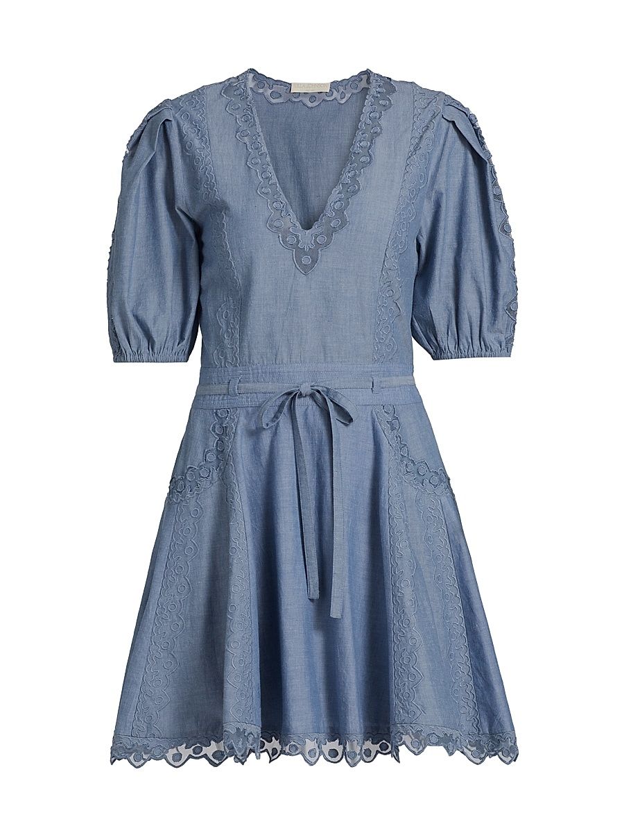 Women's Camila Lace-Trim Cotton A-Line Minidress - Chambray - Size 16