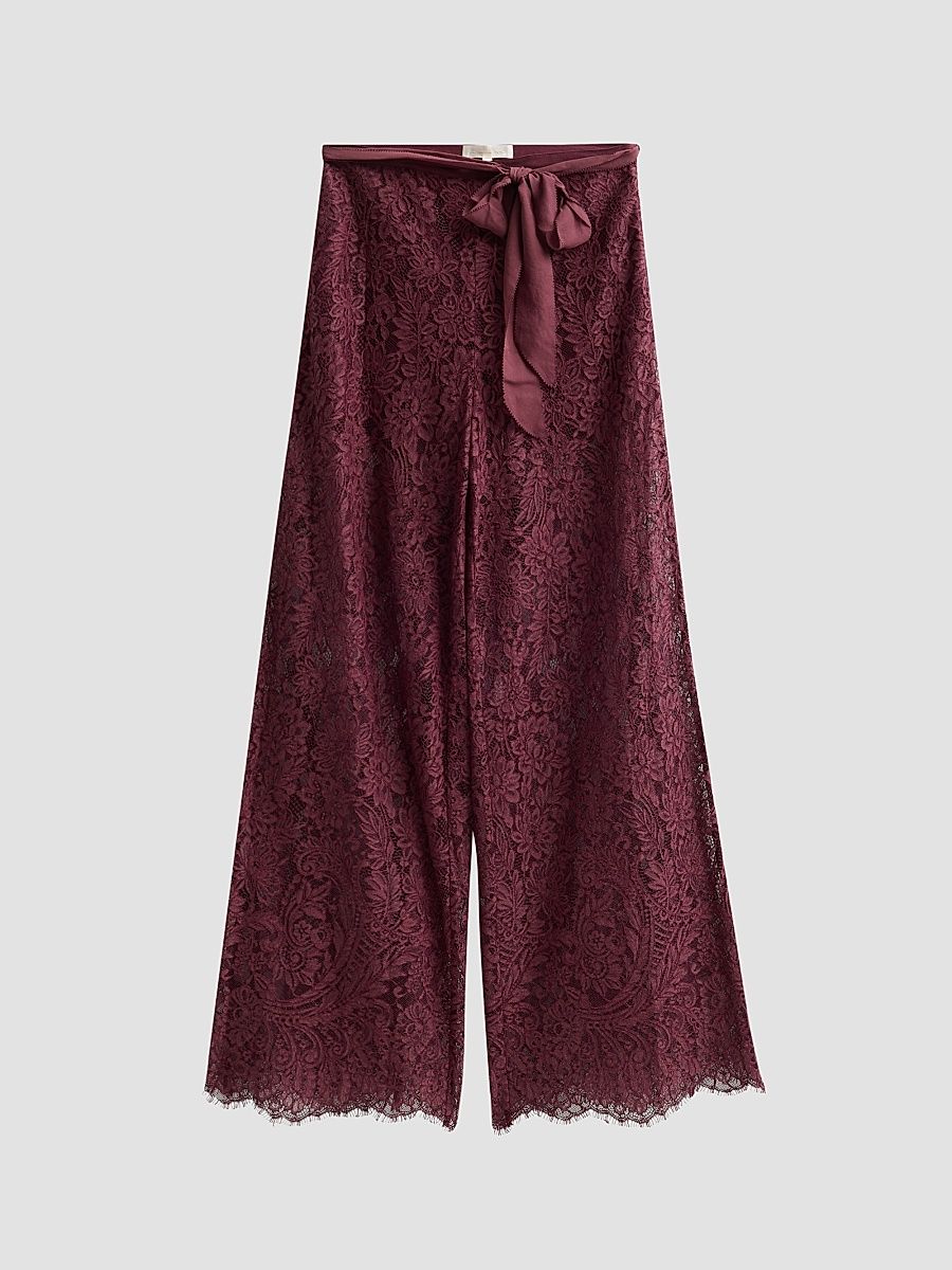 LoveShackFancy Women's Riana Lace Wide-Leg Self-Belt Pants - Faded Merlot - Size 12