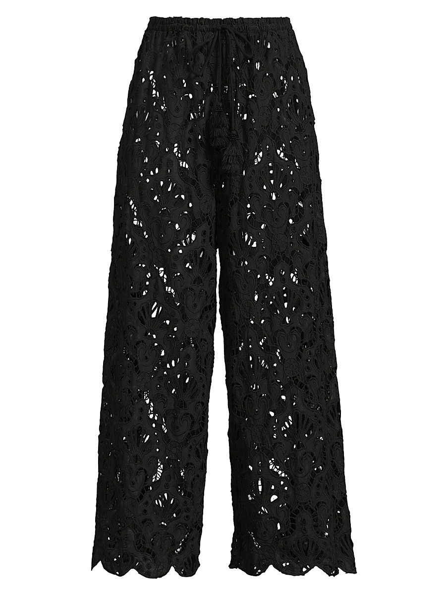 Women's Seashell Lace Eyelet Cover-Up Pants - Black - Size Small