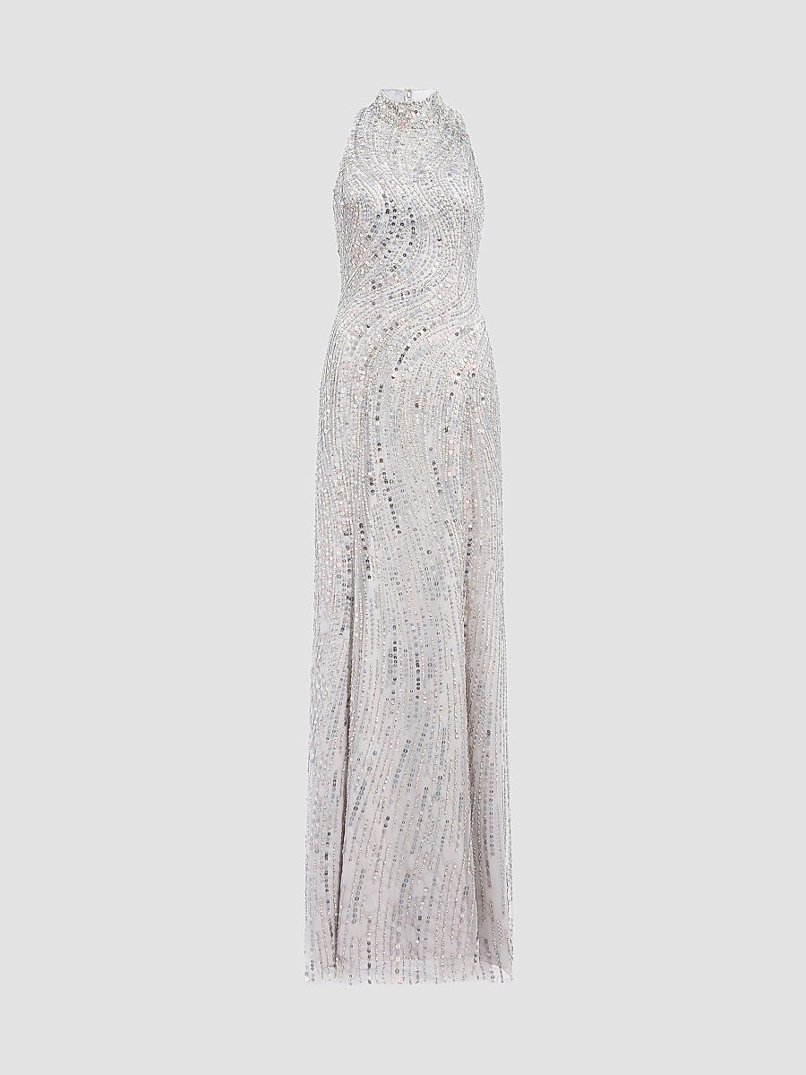 Jenny Packham Women's Cosmea Embellished Mock Turtleneck Gown - Ammonite - Size 4